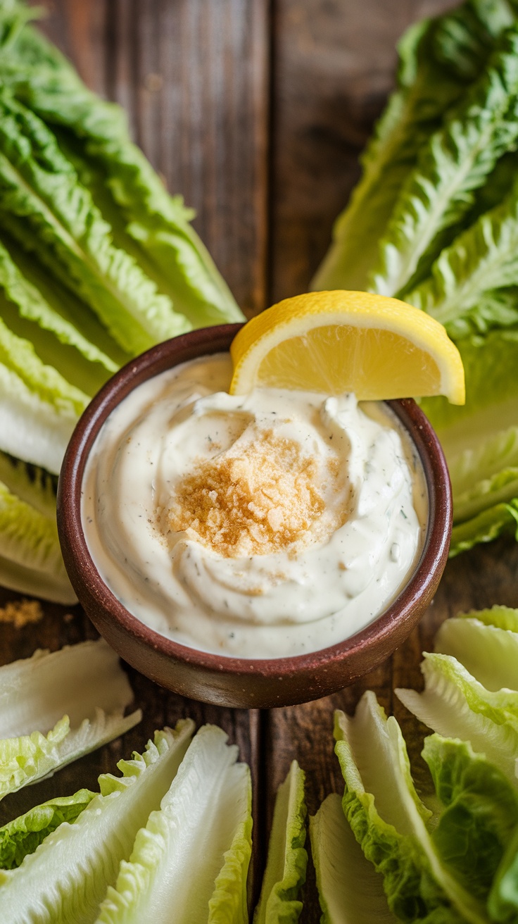 A bowl of Caesar dressing with parmesan cheese and lemon wedge, surrounded by fresh romaine lettuce.